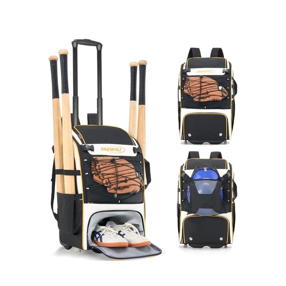 Fanwoli Rolling Baseball Softball Equipment Bag Wheeled Bat Backpack Black NEW